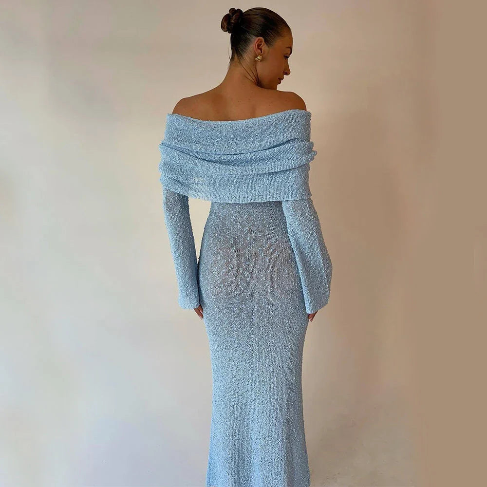 One-shoulder knit maxi dress in various colors for beach vacations and summer fashion