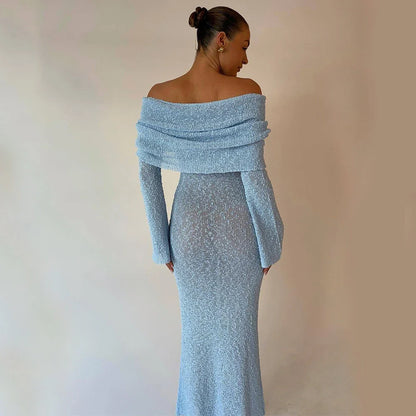 One-shoulder knit maxi dress in various colors for beach vacations and summer fashion