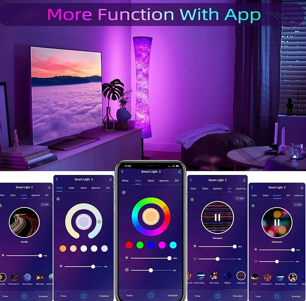 RGB fabric circular floor lamp with APP control standing 1.66 metres tall with removable washable fabric cover