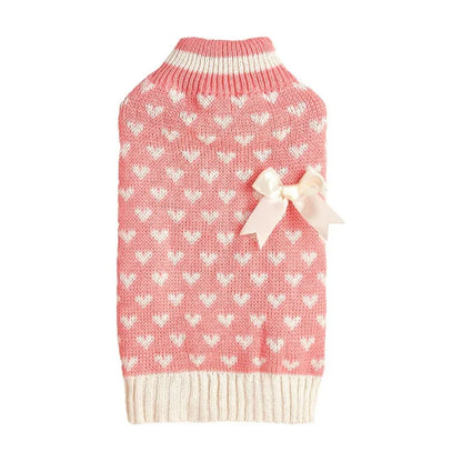 Red love heart pattern dog sweater with pink bow decoration on small dog