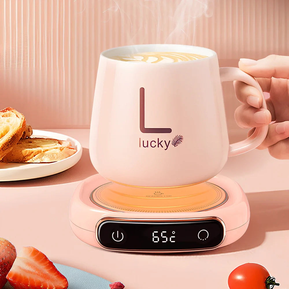 Desktop digital display warming pad with white plated collage surface showing temperature status