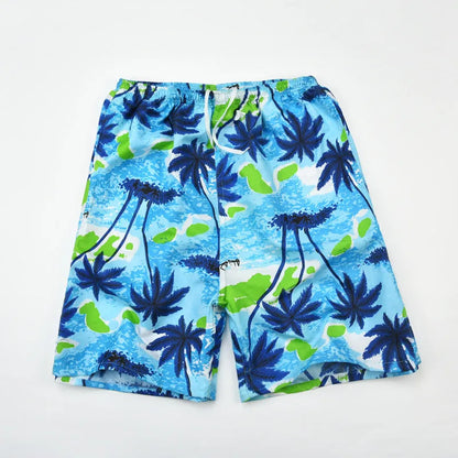Men's floral printed swimming trunks in polyester fabric showing multiple pattern options for beach and pool use