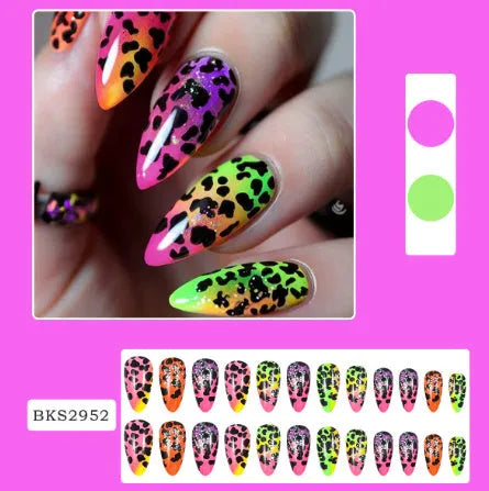 Almond armour shaped nail stickers with frosted finish showing four decorative colour options