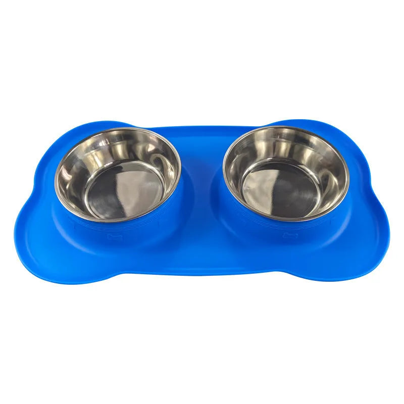 Large silver grey silicone dual compartment dog bowl with stainless steel base for separating food types