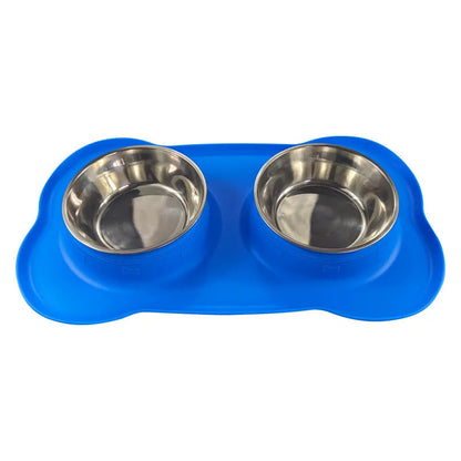 Large silver grey silicone dual compartment dog bowl with stainless steel base for separating food types