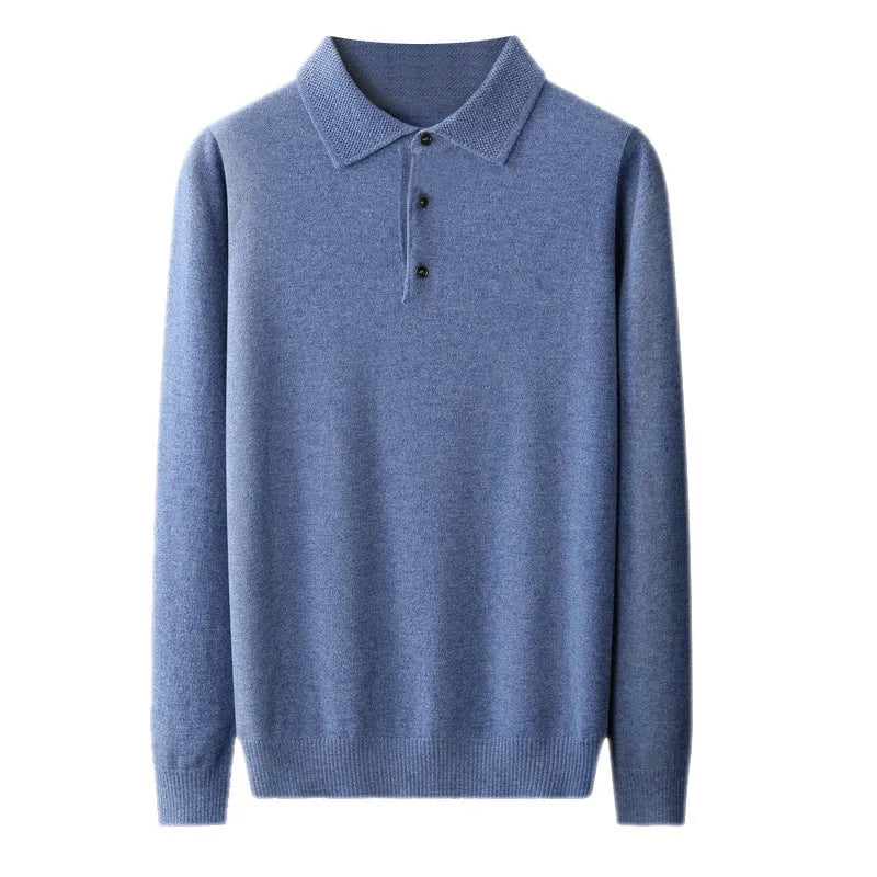 Men's wool sweater with a polo collar and long sleeves, shown in one of seven available colours.