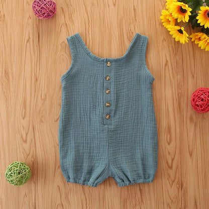 Sleeveless baby romper in beige, blue, or purple with 95% cotton fabric for summer infant wear