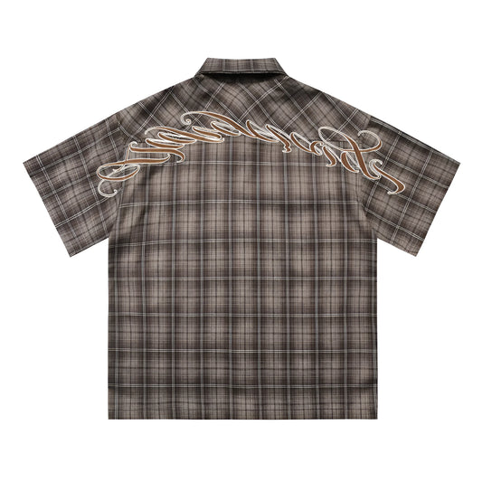 Men's black embroidered plaid short sleeve shirt with loose fit and lapel collar
