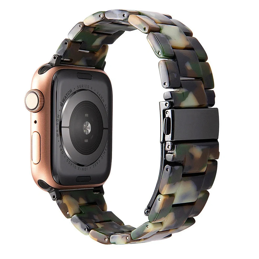 Slim resin Apple Watch strap showing attachment mechanism and colour options