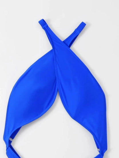 Women's solid blue one-piece swimsuit bikini on a mannequin