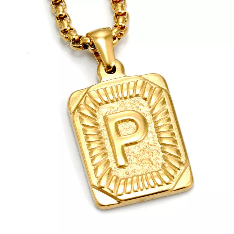 Men's gold-plated titanium steel letter necklace with pearl chain, customizable pendant
