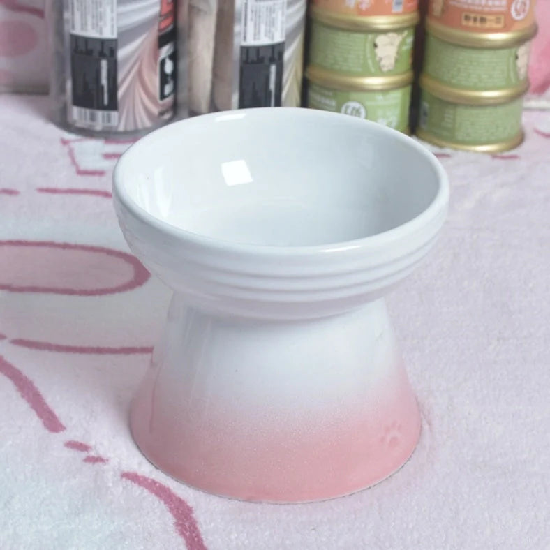White ceramic pet bowl with high foot neck protector showing 15cm diameter and 8cm height measurement