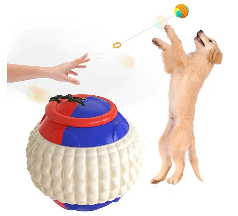 Interactive hand-throwing pet ball with textured rubber surface and retractable drawstring for engaging play and dental care