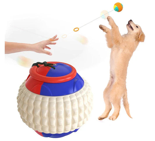 Interactive hand-throwing pet ball with textured rubber surface and retractable drawstring for engaging play and dental care