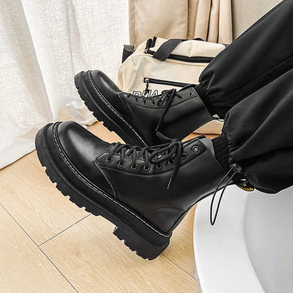 Men's black platform Doc Martens boots with zipper, high top 8-hole design, and frosted cowhide leather