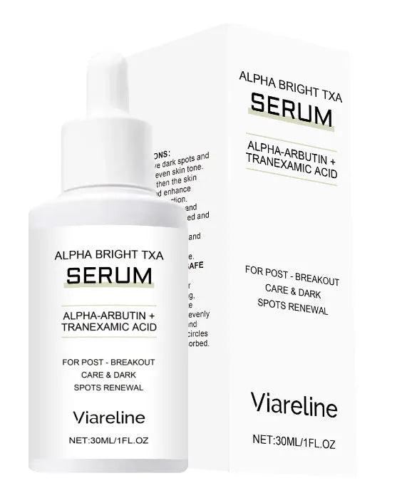 Acne spot removing liquid treatment formulated with arbutin and tranexamic acid in a 30ml bottle for targeted blemish and dark mark reduction with water-based glycerin and hydroxyethyl cellulose solution