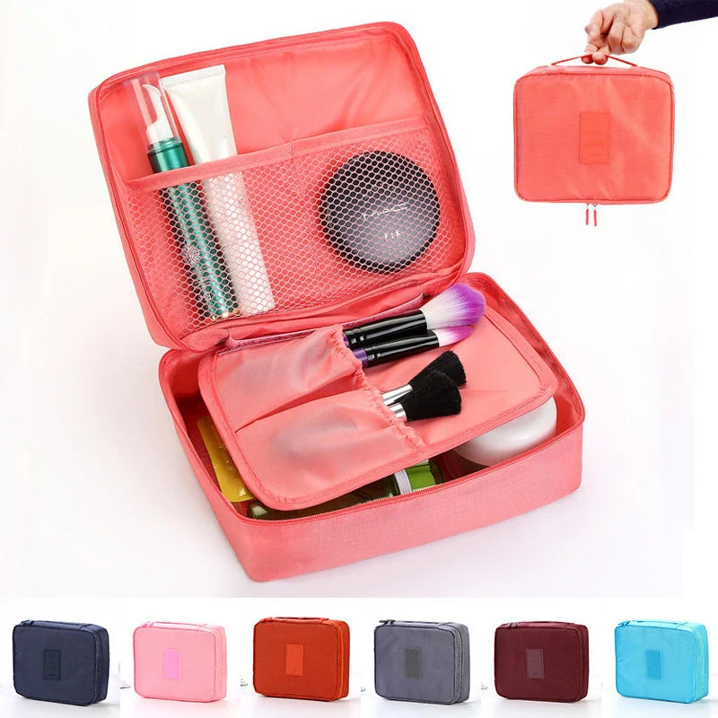 Stylish portable makeup bag with waterproof divider, multi-compartment storage, and variety of color options