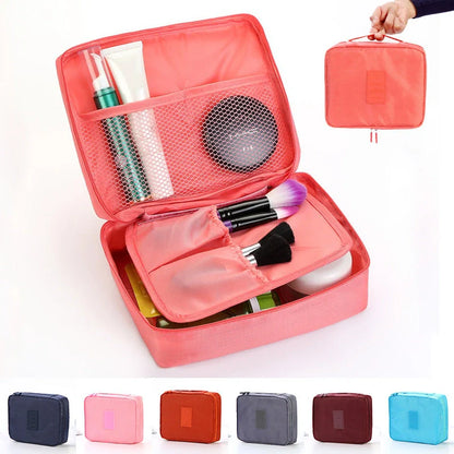 Stylish portable makeup bag with waterproof divider, multi-compartment storage, and variety of color options