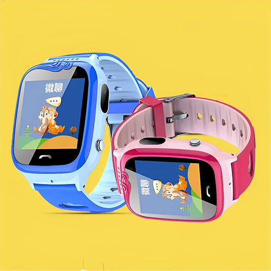 Blue children's smartwatch with GPS positioning, HD touch screen, and silicone wristband