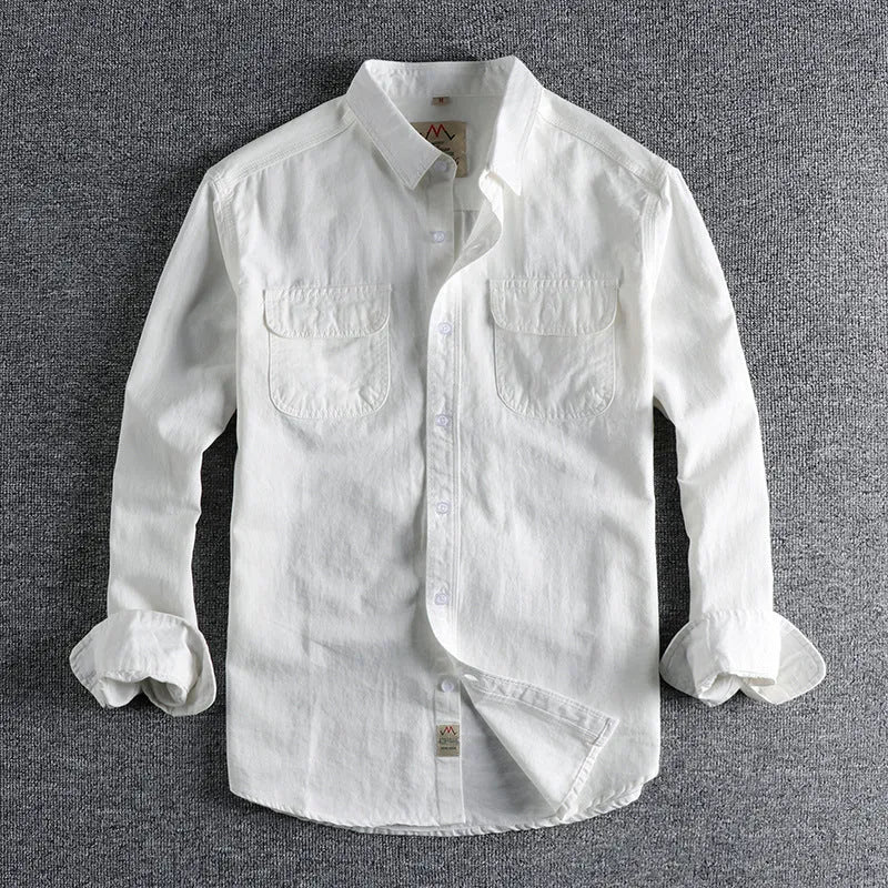 Men's light blue cotton cardigan-style long sleeve casual shirt on a hanger