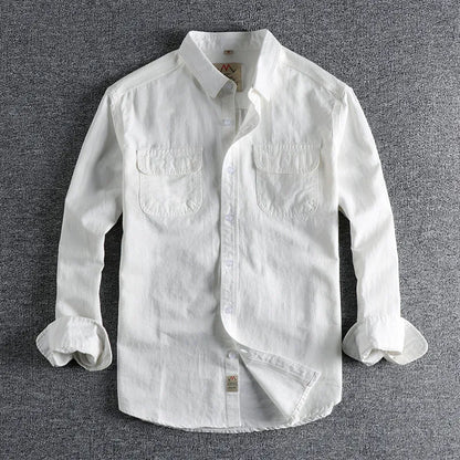Men's light blue cotton cardigan-style long sleeve casual shirt on a hanger