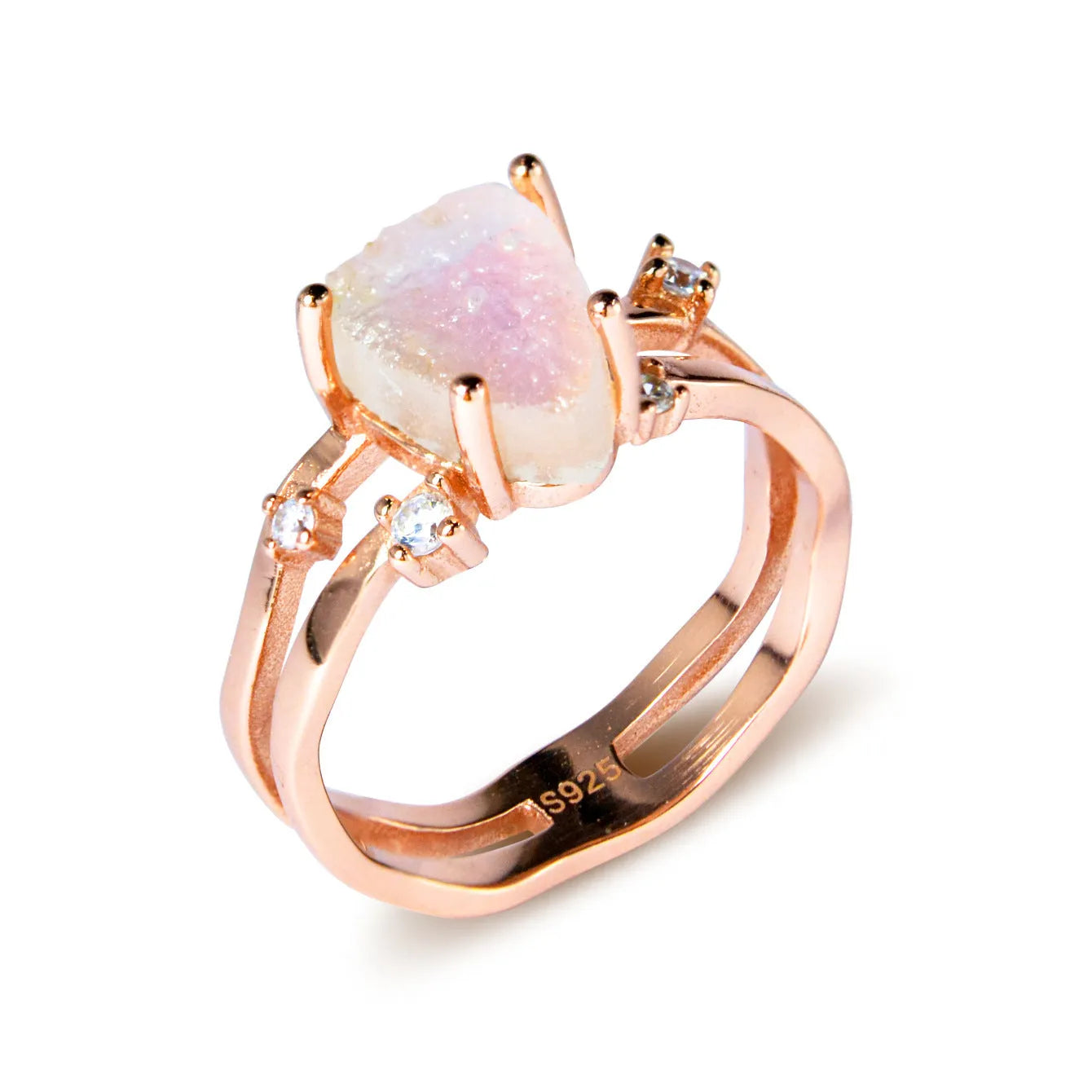 S925 sterling silver irregular triangle moonstone ring showing geometric design and 12mm gemstone centrepiece