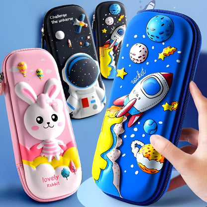 Leather 3D pencil case showing design themes: dinosaur, astronaut, mermaid, unicorn, and spaceship.