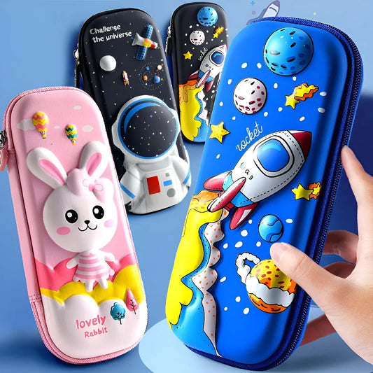 Leather 3D pencil case showing design themes: dinosaur, astronaut, mermaid, unicorn, and spaceship.