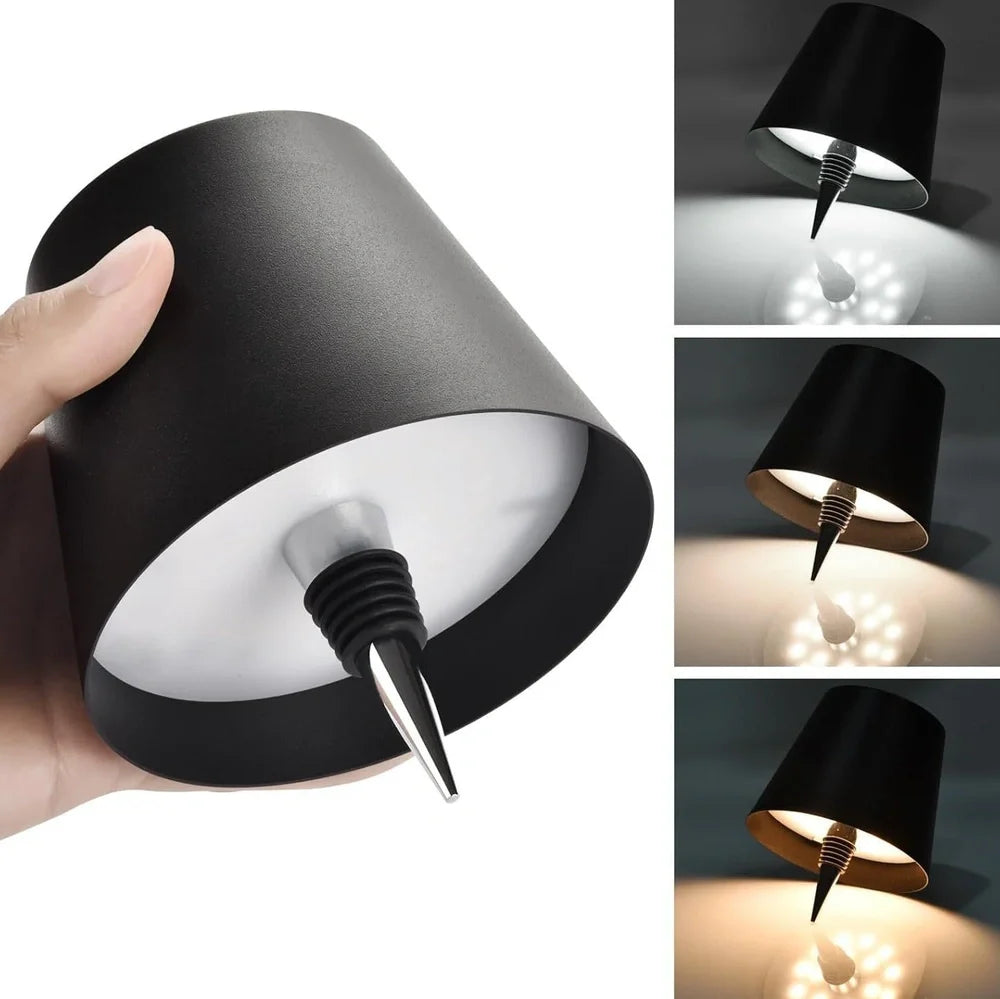 White cylindrical LED wine bottle table lamp with touch dimming and USB charging port