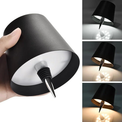 White cylindrical LED wine bottle table lamp with touch dimming and USB charging port