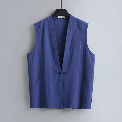 Men's solid colour linen sleeveless vest in loose fit for summer wear