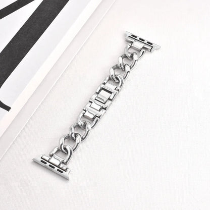 Silver metal link watch strap for Apple Watch with 22mm connectors on a grey background