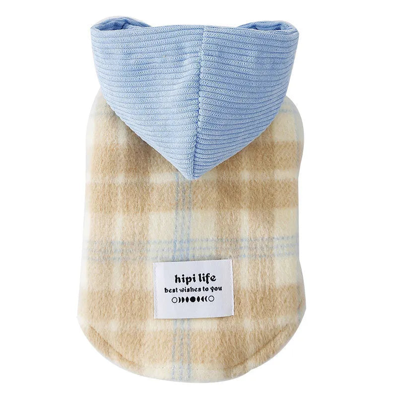 Blue corduroy dog hoodie with chessboard grid pattern and a hood.