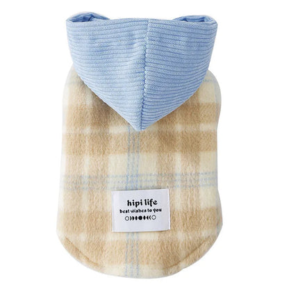 Blue corduroy dog hoodie with chessboard grid pattern and a hood.