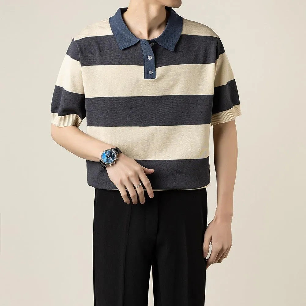 Men's striped short-sleeved business T-shirt in polyester, shown in black, coffee, white, and dark grey.