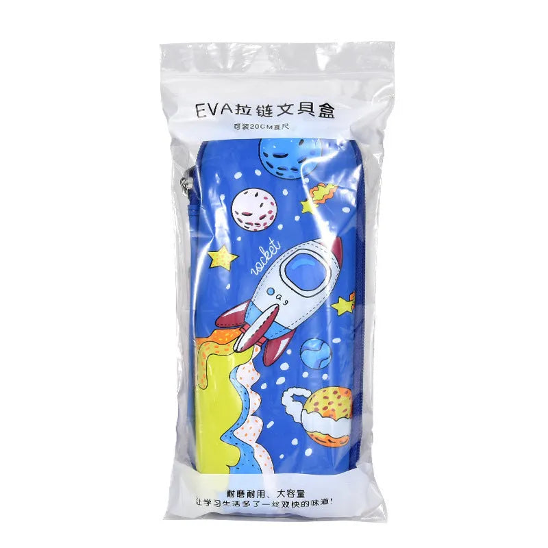 Leather 3D pencil case showing design themes: dinosaur, astronaut, mermaid, unicorn, and spaceship.