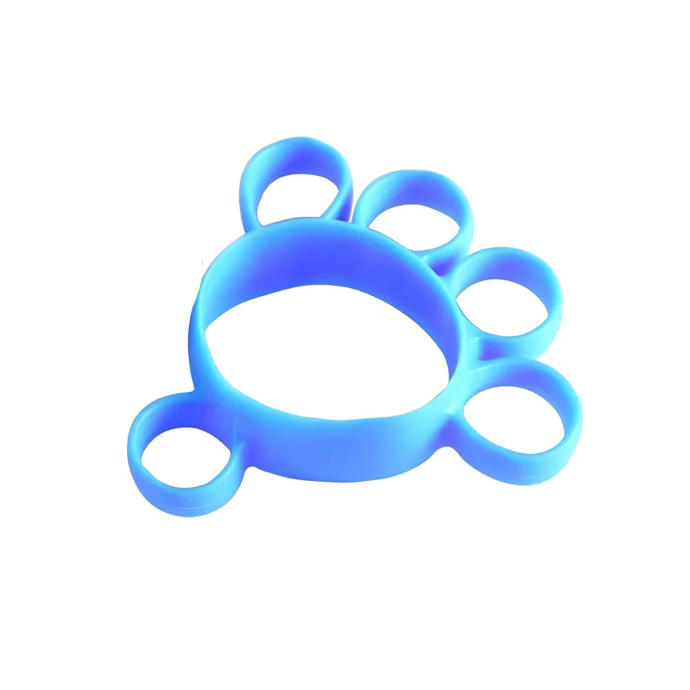 Blue four-finger grip training ball showing 10x9cm spherical design with silicone sleeve