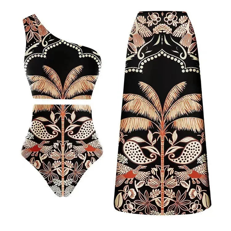 Women's one-piece swimsuit fashion polyester beach vacation suit with lining, available in S M L XL sizes with colours including black, yellow, and printed designs with Asian sizing guide for accurate fit