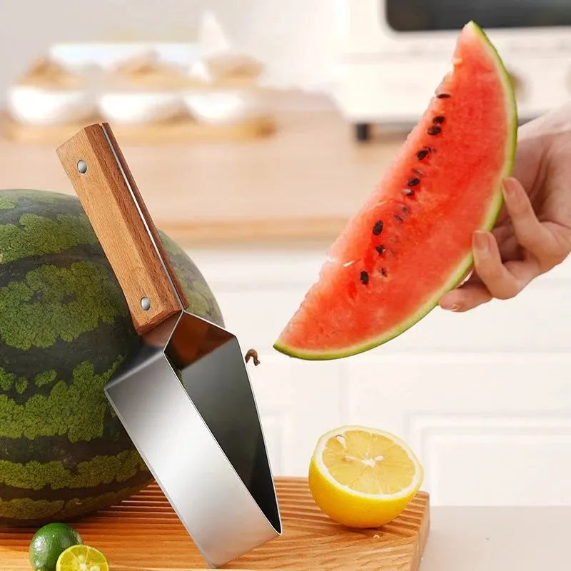 430 stainless steel watermelon slicer with triangle cutting blade and protective cover.
