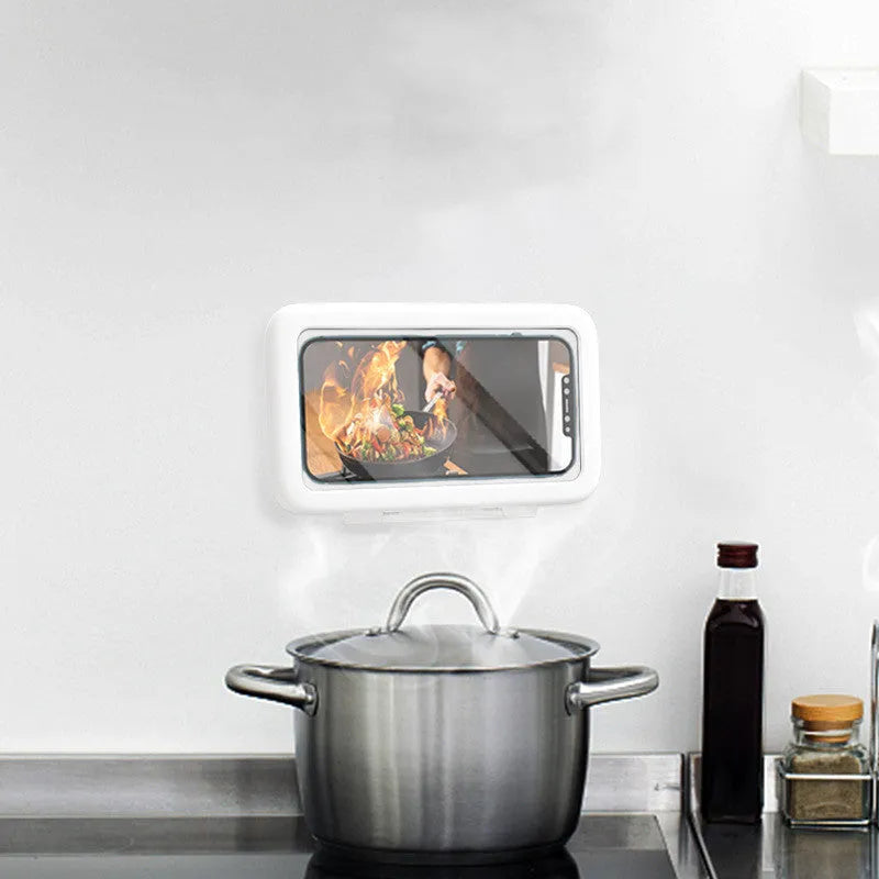 Waterproof shower phone holder mounted on bathroom tile with mobile phone visible through anti-fog window