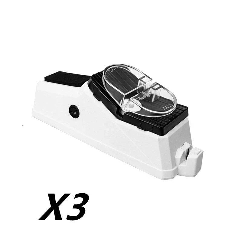 Powerful electric knife sharpener with dual sharpening slots, protective cover, and ergonomic design for quick and easy blade renewal.