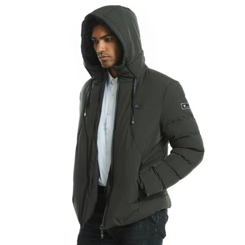 Electric heated down jacket with USB-powered heating system, available in grey, black, and army green colors, sizes M to 7XL