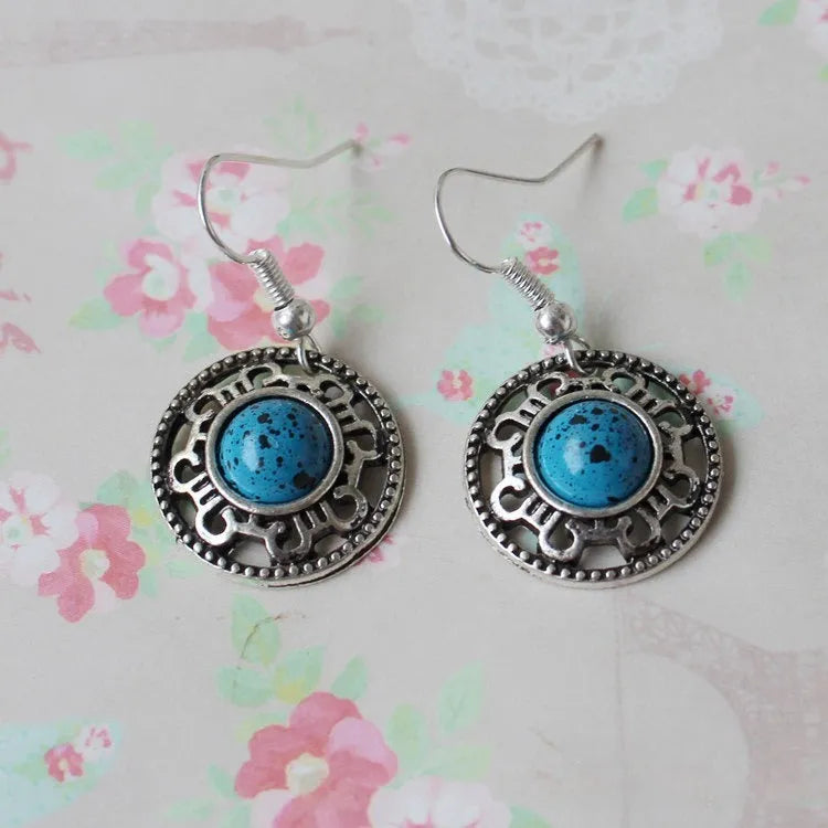 Handmade Miao silver retro turquoise flower disk earrings with geometric totem patterns