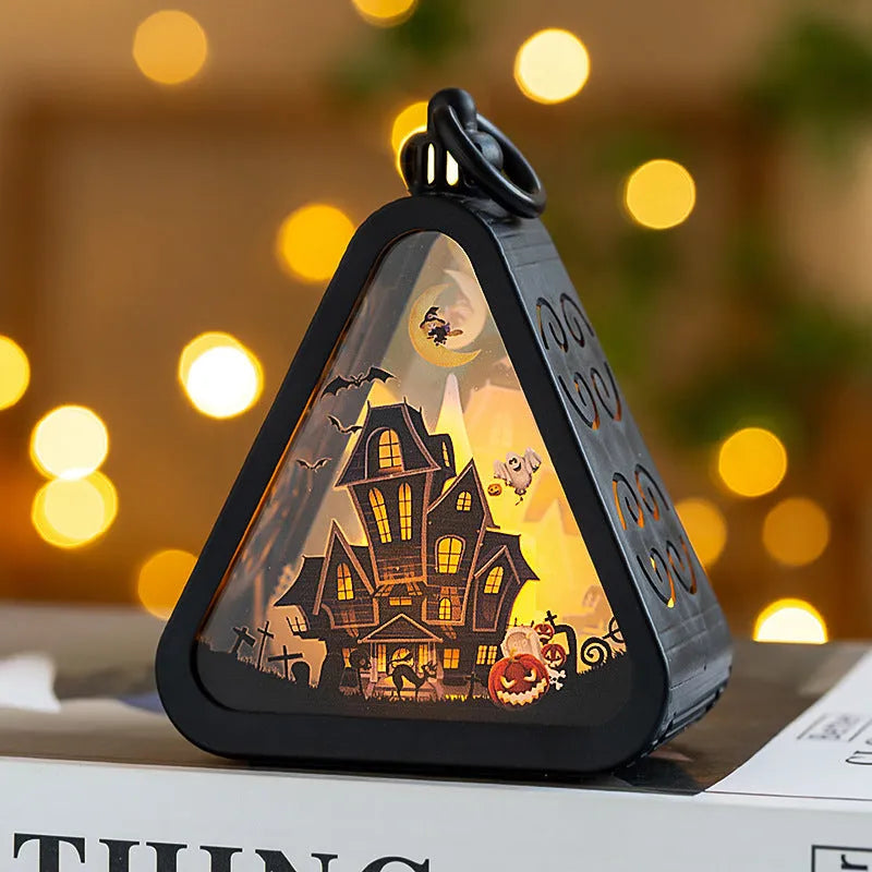 Halloween decoration prop measuring 8.9x5.2x11.5cm with plastic and glass construction in pumpkin, witch, castle, or ghost hand theme