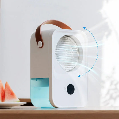 White USB desktop fan with voice control, dimensions 163mm x 104mm x 240mm, four speed settings