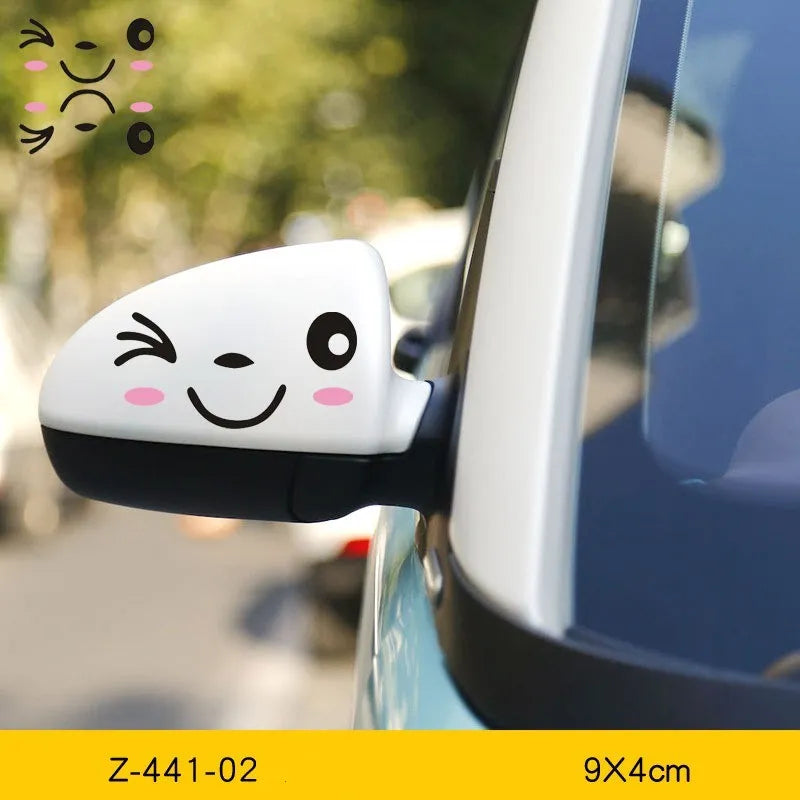 Reflective cartoon car stickers on vehicle rearview mirror in black and white styles