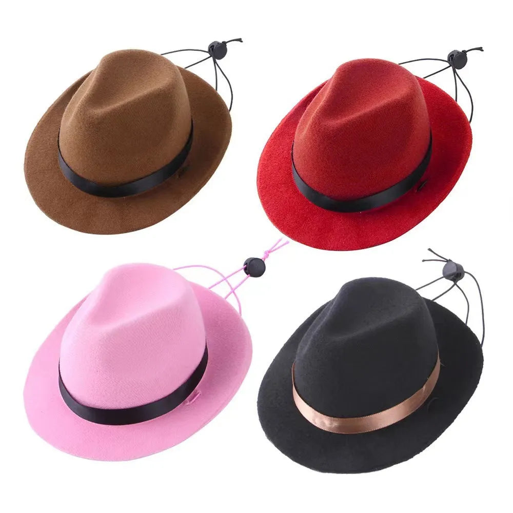 Mini pet hat for small dogs and cats in wool-felt fabric, S size 155cm diameter, available in black, brown, pink, and red.