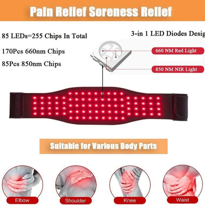 Black adjustable infrared physical therapy belt for waist pain relief with 12V heat output