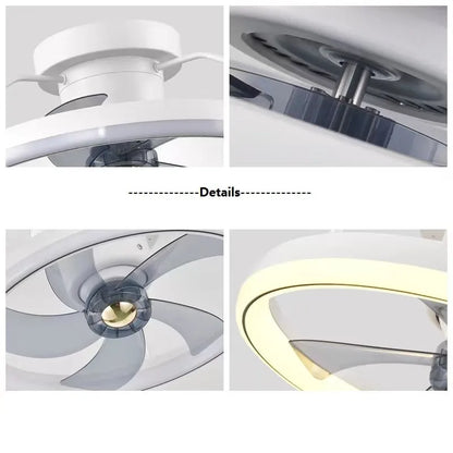 Simple Fashion modern ceiling fan with integrated light and white blades on a white ceiling.