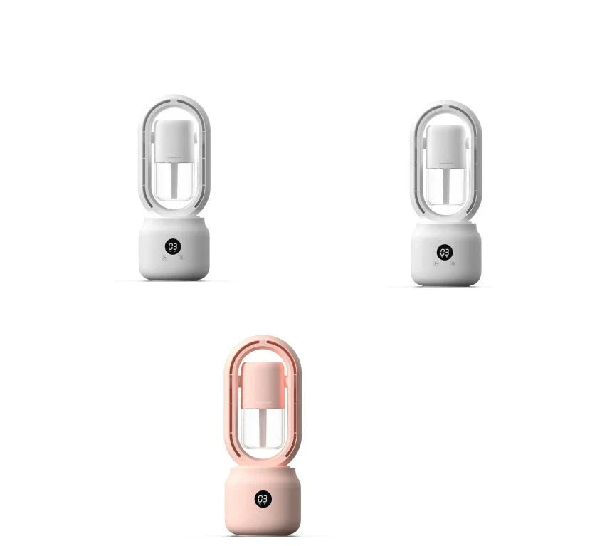 Portable USB rechargeable water-cooled fan with mist humidifier, bladeless design for safety and easy cleaning, 3-in-1 cooling, humidifying, and ambient lighting device